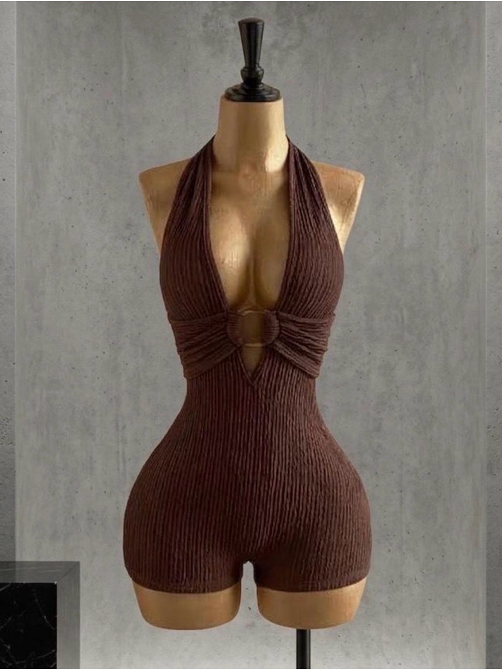 Deep V Halter Ribbed Sleep Romper in Brown